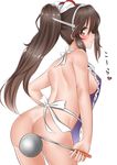  apron ashigara_(kantai_collection) ass back blush breasts brown_eyes brown_hair covering covering_ass from_behind hairband highres horned_headwear kantai_collection ladle large_breasts long_hair looking_back naked_apron side_ponytail sideboob sidelocks simple_background solo translation_request white_background yuu-kun_(linke_hand) 