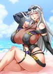  1girl bare_shoulders beach blush breasts huge_breasts long_hair looking_at_viewer magisa_(granblue_fantasy) musashino_sekai open_mouth red_eyes silver_hair sitting solo 