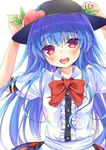  :d arms_up black_hat blue_hair blush bow bowtie buttons commentary_request dress_shirt food frills fruit hat hinanawi_tenshi leaf long_hair looking_at_viewer mirei open_mouth peach puffy_short_sleeves puffy_sleeves red_bow red_eyes red_neckwear shirt short_sleeves smile solo touhou upper_body very_long_hair white_background white_shirt 
