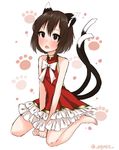  alternate_costume animal_ears bad_id bad_twitter_id bare_legs brown_eyes brown_hair cat_ears cat_tail chen dress egret frilled_dress frills highres multiple_tails nekomata open_mouth red_dress short_hair solo tail touhou two_tails 