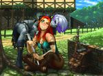  2015 absurd_res armband backpack bite blush boots bracelet breasts cleavage clothed clothing crop_top detailed_background drow duo ear_biting elf female female/female footwear green_eyes grey_hair grey_skin grimace hair half-elf hi_res highlights humanoid jewelry loincloth melee_weapon midriff not_furry one_eye_closed orange_highlights outside pants playful purple_eyes purple_highlights red_hair ronindude shirt sitting surprise sword thong weapon 
