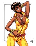  1girl belt black_hair bracelet dark_skin dc_comics earrings jewelry mari_jiwe_mccabe necklace pixie_cut short_hair simple_background sleeveless solo vixen_(dc) white_background yellow_eyes 