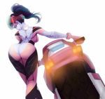  ass backless_outfit bent_over bodysuit butt_crack from_behind head_mounted_display huan_tuo long_hair looking_back overwatch ponytail purple_hair purple_skin solo widowmaker_(overwatch) yellow_eyes 