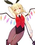  alternate_costume animal_ears arm_up bare_arms blonde_hair brown_legwear bunny_ears bunnysuit commentary_request covered_navel crystal detached_collar fake_animal_ears fang flandre_scarlet highleg honotai laevatein looking_at_viewer necktie open_mouth pantyhose red_eyes short_hair side_ponytail simple_background sleeveless solo touhou vest white_background wings wrist_cuffs 