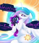  armor dialogue english_text equine fangs feathered_wings feathers female friendship_is_magic helmet horn madacon mammal micro my_little_pony nightmare_moon_(mlp) princess_celestia_(mlp) small_(disambiguation) text winged_unicorn wings 