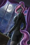  cigar clothing d-lowell fan_character fangs female looking_at_viewer looking_back moon my_little_pony slit_pupils smoke solo suit vanity_(oc) 