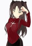 :d arm_up bad_id bad_tumblr_id black_bow black_skirt blush bow breasts brown_hair fate/stay_night fate_(series) green_eyes hair_bow long_hair long_sleeves lpip medium_breasts open_mouth red_sweater skirt smile solo sweater toosaka_rin two_side_up upper_body 