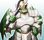  anthro armor bracelet claws dragon fin green_skin horn huge_muscles jewelry kuroma looking_at_viewer male muscular reptile scales scalie sharp_teeth shoulder_plates simple_background smile spikes teeth wings 