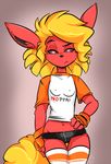  2016 anthro big_hair black_nose black_sclera blonde_hair cinnamon_swirl clothed clothing duckdraw eeveelution female fingerless_gloves flareon flat_chested fluffy fluffy_tail fur gloves glowing glowing_eyes gradient_background hair hand_on_hip hot_pants humor inner_ear_fluff legwear midriff nintendo pok&eacute;mon red_eyes red_fur shirt shorts simple_background slim smile solo thigh_highs unimpressed video_games wide_hips 