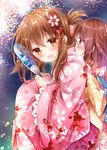  :d blush brown_eyes brown_hair fan fireworks floral_print folded_ponytail hair_ornament hairclip hands_together holding ikazuchi_(kantai_collection) inazuma_(kantai_collection) japanese_clothes kantai_collection kimono long_hair long_sleeves looking_at_viewer multiple_girls nogi_takayoshi obi open_mouth paper_fan sash smile uchiwa wide_sleeves yukata 