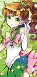  1girl bishoujo_senshi_sailor_moon brown_hair choker circlet finger_gun gloves green_eyes green_skirt kino_makoto ponytail sailor_jupiter smile solo star white_gloves 