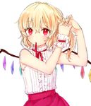  adjusting_hair alternate_costume armpit_peek bare_shoulders biting blonde_hair blush commentary_request crystal flandre_scarlet honotai looking_at_viewer mouth_hold neck_ribbon red_eyes red_ribbon red_skirt ribbed_shirt ribbon shirt short_hair skirt sleeveless sleeveless_shirt solo touhou tying_hair upper_body white_background wings wrist_cuffs 