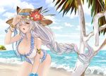  animal_ears bangle beach bent_over bikini blush bracelet braid breasts cat_ears cleavage cloud collarbone day ears_through_headwear erune flower frilled_bikini frills granblue_fantasy hair_between_eyes hair_tubes hat hat_flower heles hibiscus jewelry kirika_(nutsmoon) large_breasts long_hair ocean one_eye_closed open_mouth outdoors silver_hair single_braid sky solo sparkle sun_hat swimsuit tree very_long_hair yellow_eyes 