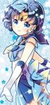  1girl bishoujo_senshi_sailor_moon blue_eyes blue_hair blue_skirt bow choker circlet earrings gloves mizuno_ami sailor_collar sailor_mercury short_hair smile solo star white_gloves 