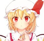  blonde_hair blush commentary_request crystal eyebrows_visible_through_hair face flandre_scarlet hat hat_ribbon honotai looking_at_viewer mob_cap parted_lips portrait red_eyes ribbon shirt short_hair side_ponytail simple_background solo touhou vest white_background wings 