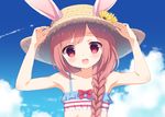  animal_ears arms_up bare_arms bare_shoulders braid brown_hair bunny_ears chitosezaka_suzu cloud commentary_request day ears_through_headwear flower hair_over_shoulder hands_on_headwear hat long_hair looking_at_viewer open_mouth original outdoors red_eyes single_braid sky solo straw_hat sunflower swimsuit upper_body 