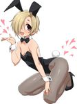  :d animal_ears ass bad_id bad_twitter_id bare_shoulders blonde_hair bow bowtie breasts bunny_ears bunnysuit chikuishi detached_collar grey_legwear hair_over_one_eye heart high_heels idolmaster idolmaster_cinderella_girls kneeling looking_at_viewer open_mouth pantyhose red_eyes shirasaka_koume short_hair simple_background small_breasts smile solo white_background wrist_cuffs 