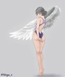  absurdres alternate_costume arm_at_side artist_name ass bare_arms bare_legs bare_shoulders barefoot blush braid competition_swimsuit covering_mouth feathered_wings french_braid from_behind full_body grey_background grey_hair highres hiraya_n kishin_sagume kneepits looking_at_viewer looking_back no_legwear one-piece_swimsuit profile purple_swimsuit red_eyes short_hair simple_background single_wing skin_tight soles solo standing swimsuit tiptoes touhou wings 