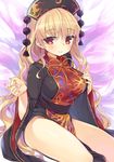  black_dress blonde_hair blush breasts chinese_clothes crescent dress junko_(touhou) large_breasts long_hair long_sleeves looking_at_viewer mirei no_panties red_eyes sash simple_background sitting smile solo tabard touhou 