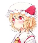  ascot blonde_hair blush bow commentary_request dress_shirt flandre_scarlet frilled_shirt_collar frills frown hat hat_bow hat_ribbon honotai looking_afar mob_cap red_eyes ribbon sad shirt short_hair shy solo touhou upper_body vest wavy_hair 