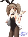  2016 aikawa_ryou animal_ears bow bowtie breasts brown_eyes brown_hair bunny_ears bunny_tail bunnysuit cleavage dated detached_collar fake_animal_ears fake_tail grin holding kantai_collection pantyhose ryuujou_(kantai_collection) simple_background small_breasts smile solo tail tray twintails twitter_username white_background wrist_cuffs 