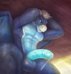  2019 abs anthro balls biceps big_balls big_penis blue_eyes dragon erection glowing glowing_penis growth hair hand_behind_head hands_behind_head huge_penis inside klongi male muscular muscular_male open_mouth pecs penis pinup pose precum presenting presenting_penis quads scalie sharp_teeth solo teeth triceps white_hair wings 