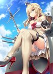  blonde_hair blue_eyes braid breasts cloud cloudy_sky crossed_legs crown day dress french_braid from_below garter_straps hairband half_updo high_heels holding jewelry kantai_collection kase_daiki long_hair machinery medium_breasts mini_crown necklace outdoors sitting sky solo thighhighs warspite_(kantai_collection) 