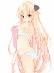  blonde_hair blush bra cowboy_shot eyebrows eyebrows_visible_through_hair hair_intakes highres konjiki_no_yami long_hair looking_at_viewer manatsuki_manata panties red_eyes shiny shiny_hair shiny_skin simple_background solo standing to_love-ru underwear underwear_only undressing unfastened very_long_hair white_background white_bra white_panties 