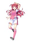  :d absurdres aizaki_rumi arm_up artist_request bracelet checkerboard_cookie cookie food full_body highres jewelry long_hair looking_at_viewer open_mouth pink_eyes pink_hair shoes short_sleeves shorts smile sneakers soccer_uniform solo sportswear two_side_up venus_eleven_vivid! 