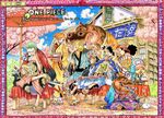  1girl 4boys black_hair blonde_hair color_spread eating food geta green_hair hair_over_one_eye hippo japanese_clothes kimono monkey_d_luffy multiple_boys nami_(one_piece) oda_eiichirou official_art one_piece orange_hair roronoa_zoro sandai_kitetsu sanji shusui sword teapot tony_tony_chopper usopp wado_ichimonji 