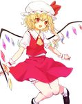  :d ascot blonde_hair bloomers commentary_request crystal fang flandre_scarlet hat hat_ribbon honotai knees_together_feet_apart mob_cap open_mouth pointy_ears puffy_sleeves red_eyes ribbon shirt shoes short_hair short_sleeves side_ponytail simple_background skirt skirt_set smile socks solo touhou underwear upskirt vest white_background white_legwear wings wrist_cuffs 