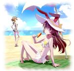  animal_ears ass beach beach_umbrella bikini breasts brown_eyes brown_hair bunny_ears bunny_girl bunny_tail coco_adel ears_through_headwear full_body hat iesupa long_hair looking_at_viewer medium_breasts multiple_girls navel ocean one-piece_swimsuit rwby short_hair smile summer sun_hat sunglasses swimsuit tail umbrella velvet_scarlatina 