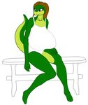  anthro bench big_breasts blue_eyes breasts brown_hair clothing female hair huge_breasts lizard reptile samantha_brooks sarcolopter scalie simple_background sitting solo 