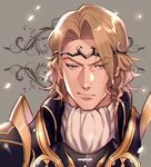  armor artist_name blonde_hair brown_eyes eyebrows eyebrows_visible_through_hair fire_emblem fire_emblem_if grey_background kanapy male_focus marks_(fire_emblem_if) petals portrait serious solo tiara 