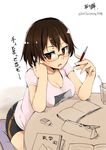  black_hair breast_rest breasts brown_eyes cleavage drink drinking_straw eraser glasses highres kirikirimai_(kkm) large_breasts mechanical_pencil notebook open_mouth original pencil pencil_case shirt shorts solo t-shirt 