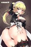  1girl ass ass_grab baberi blonde_hair blush breasts come_hither cum cum_on_ass deep_skin elf elsword from_behind green_eyes heart-shaped_pupils huge_ass large_breasts long_hair looking_at_viewer maid maid_headdress naughty_face partially_visible_vulva pointy_ears ponytail rena_(elsword) seductive_smile shiny shiny_clothes shiny_hair shiny_skin sideboob smile solo suggestive_fluid thighhighs thong tongue tongue_out 