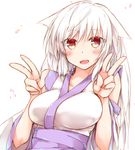  blush detached_sleeves double_v fingernails japanese_clothes long_fingernails long_hair looking_at_viewer open_mouth original petals red_eyes rinrin_(927413) simple_background smile solo upper_body v white_background white_hair 