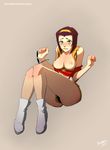  1girl ass biting blush breasts breasts_out_of_clothes cowboy_bebop faye_valentine freckles high_resolution large_breasts lip_biting looking_at_viewer medium_hair nipples purple_hair sinner!_(sillygirl) solo sunglasses 