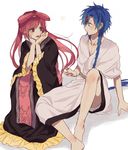  1girl :p aladdin_(magi) barefoot blue_eyes blue_hair blush braid chinese_clothes hanfu humiyooo long_hair looking_at_another magi_the_labyrinth_of_magic older pink_eyes pink_hair ren_kougyoku sitting tongue tongue_out 