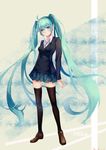  absurdres ahoge aqua_eyes aqua_hair blush diagonal_stripes full_body hatsune_miku highres loafers long_hair looking_at_viewer miniskirt necktie shinkai_shoujo_(vocaloid) shoes skindentation skirt solo striped suit_jacket thighhighs thighs twintails very_long_hair vocaloid yue_(9081220) 
