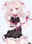  1girl amo_(yellowpink_a) animal_ears babydoll blonde_hair blush bunny_ears cowboy_shot diabolik_lovers frills komori_yui lingerie looking_at_viewer panties parted_lips petite pink_eyes ribbon simple_background solo thighhighs wavy_hair wrist_cuffs 