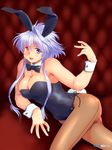  animal_ears arm_support blue_eyes bow bowtie bunny_ears bunny_tail bunnysuit detached_collar heterochromia lavolpe_(yagisaka_seto) long_hair original pantyhose purple_eyes purple_hair solo tail wrist_cuffs yagisaka_seto 