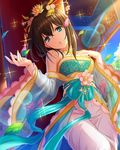  alternate_hairstyle black_hair blue_eyes chinese_clothes dress earrings hair_ornament hair_stick hanfu idolmaster idolmaster_cinderella_girls jewelry leaf necklace official_art sagisawa_fumika solo sparkle strapless strapless_dress tree 