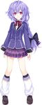  blazer full_body gekijigen_tag:_blanc_+_neptune_vs_zombie_gundan jacket long_hair looking_at_viewer loose_socks neptune_(series) pleated_skirt purple_eyes purple_hair pururut ribbon school_uniform shoes skirt smile socks solo standing transparent_background tsunako 