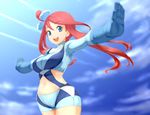  :d blue blue_eyes blue_sky breasts cloud cowboy_shot day eyebrows_visible_through_hair floating_hair fuuro_(pokemon) gloves gym_leader hair_ornament kous_(onetwojustice) long_hair long_sleeves looking_at_viewer medium_breasts midriff navel open_mouth outstretched_arms pokemon pokemon_(game) pokemon_bw red_hair short_shorts shorts skin_tight sky smile solo spread_arms stomach upper_teeth 