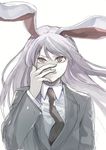  animal_ears bangs blazer bunny_ears collared_shirt grin hand_on_own_face highres jacket long_hair long_sleeves looking_at_viewer necktie nurupo_(abooon) red_eyes red_neckwear reisen_udongein_inaba shirt simple_background slit_pupils smile solo touhou upper_body white_background white_shirt wind 