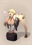 1girl ahegao all_fours arched_back areolae ass ass_grab bag blonde_hair bottomless breasts breasts_outside disembodied_hands disembodied_penis doggystyle english hanging_breasts highres highschool_of_the_dead huge_penis insertion large_breasts long_hair male_hand marikawa_shizuka nipples open_clothes open_shirt penis pleated_skirt puffy_nipples sex shirt simple_background sinner!_(sillygirl) skirt skirt_lift speech_bubble text white_shirt 