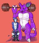  abs anthro avian beak claws digital_media_(artwork) duo exercise eyes_closed feathers fur hi_res humanoid_penis jeanwoof male multicolored_fur nidoking nintendo nude open_mouth penis pok&eacute;mon simple_background standing two_tone_fur video_games weightlifting weights workout 
