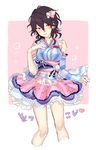  1girl bare_legs bare_shoulders black_hair blush closed_mouth detached_sleeves ensemble_stars! flower frills genderswap hair_flower hair_ornament half-closed_eyes half_gloves hand_on_own_chest japanese_clothes looking_to_the_side obi pink_background red_eyes sakuma_rei_(ensemble_stars!) simple_background skirt smile solo star takakura_aki traditional_clothes tsurime white_background 