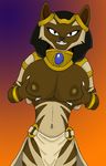  2016 anthro basthet big_breasts breasts cat claws clothed clothing egyptian feline female hi_res holding_breast huge_breasts humanoid jewelry looking_at_viewer mammal monster monster_legends simple_background smile smr solo video_games 